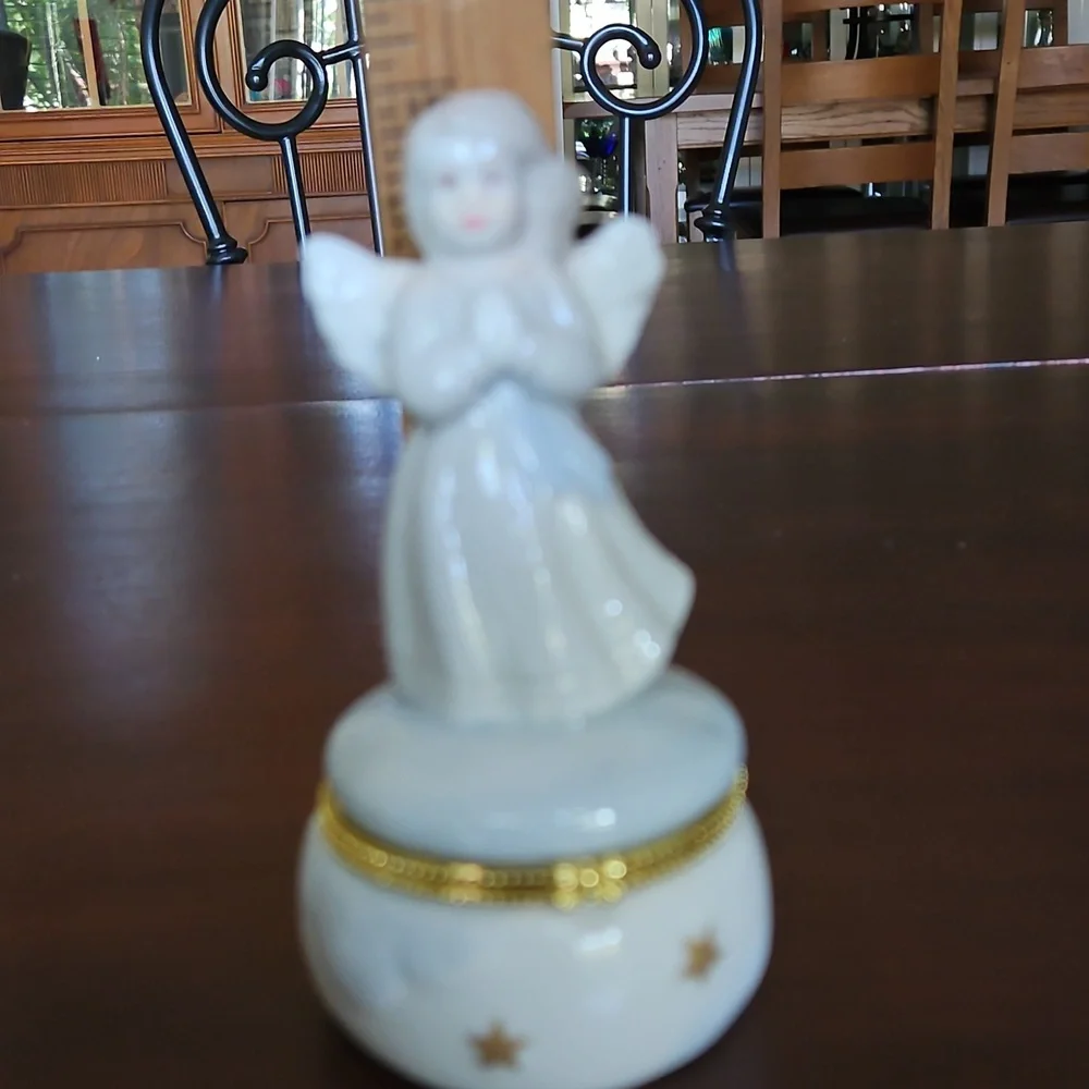 Porcelain Angel Figurine Trinket Box with Gold Accents